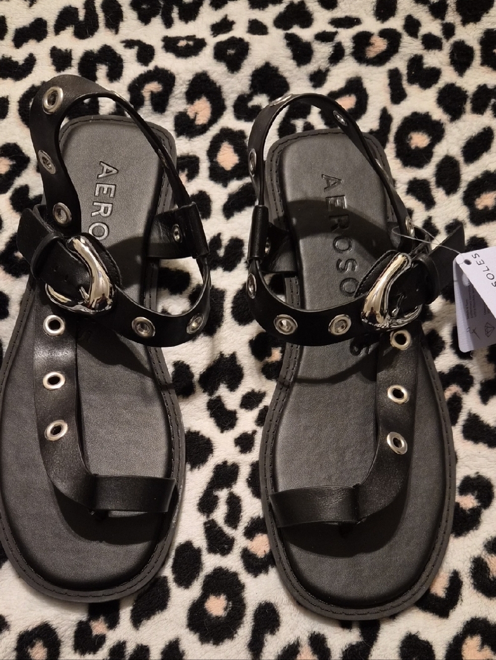 AEROSOLES Black Grommet Slingback Sandals with Silver Buckle